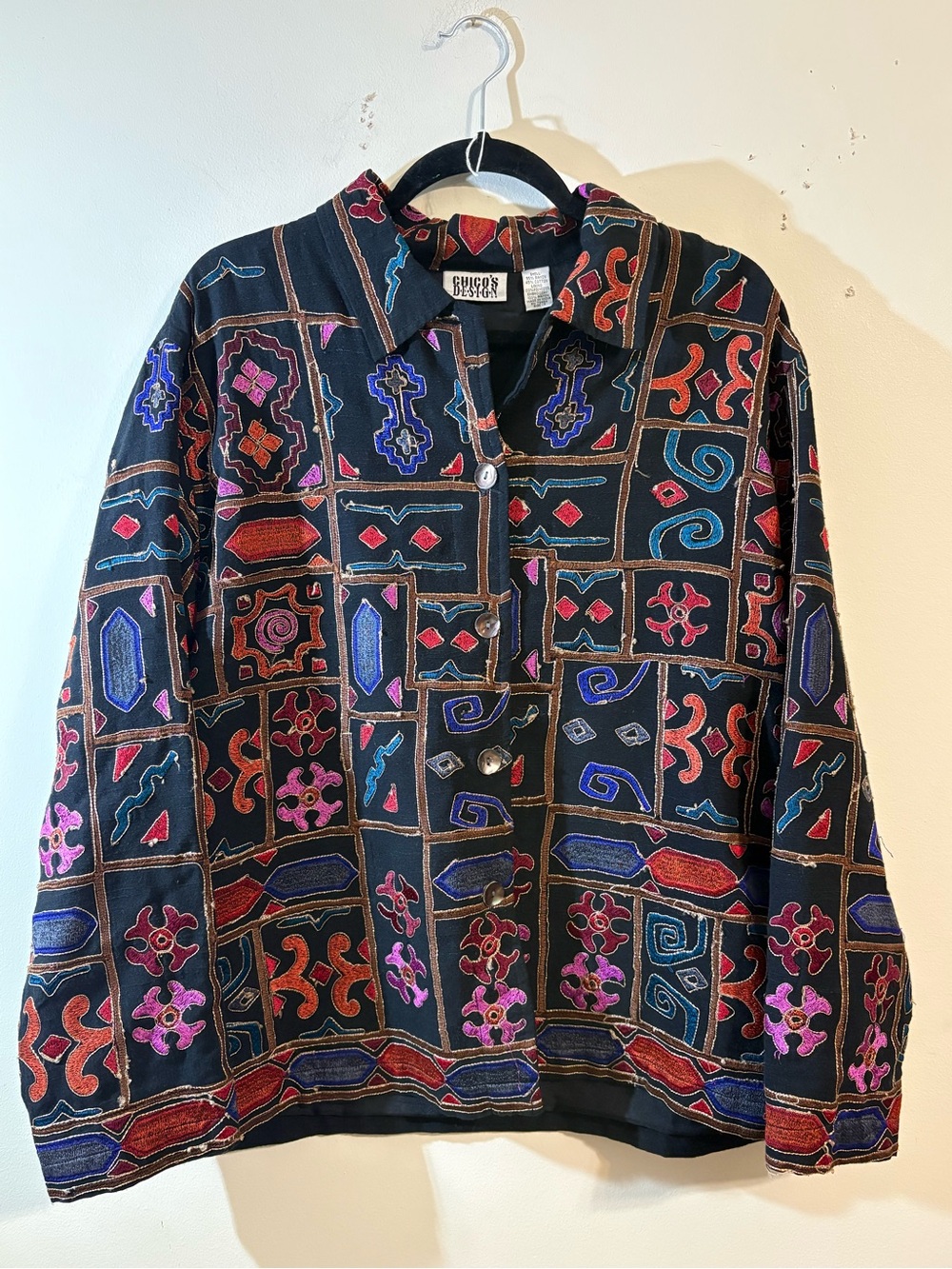 Chico's Black Multi-Color Embroidered Button-Up Jacket shirt women’s large